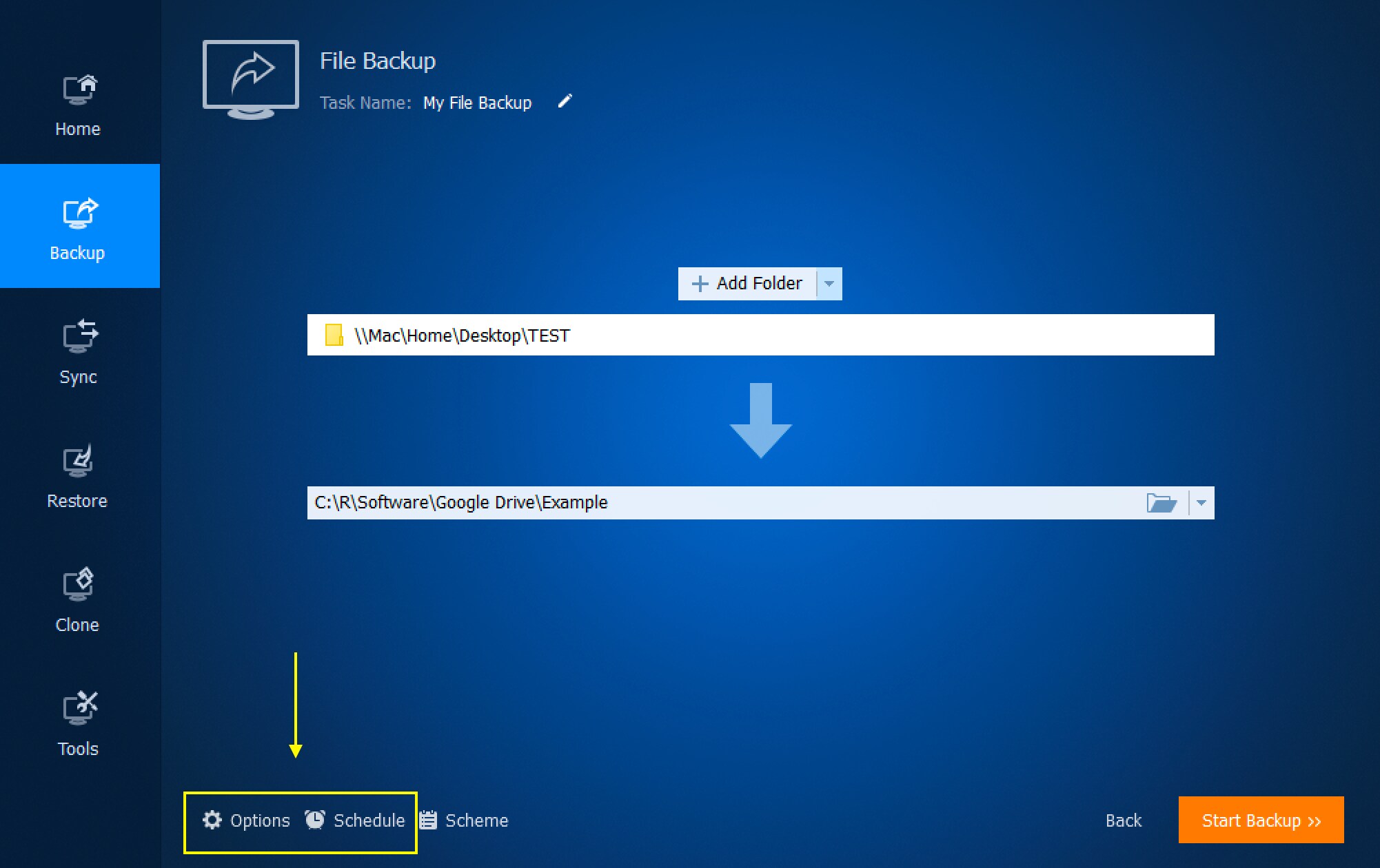 'Options' and 'Schedule'